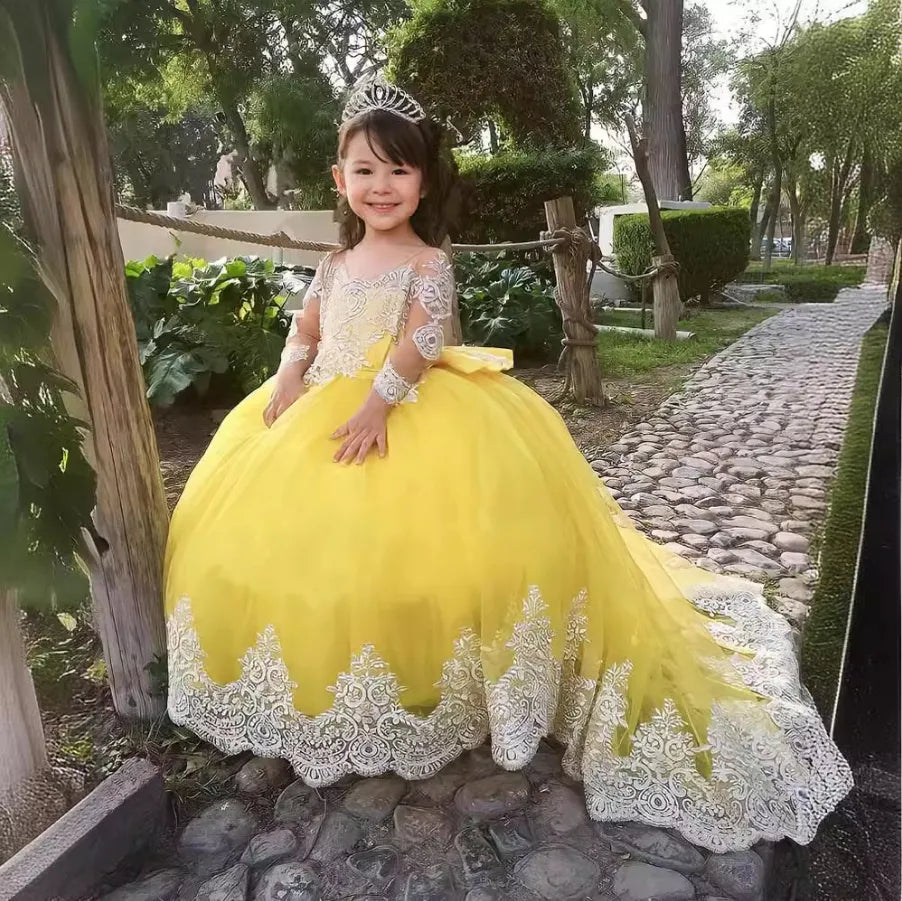 Long Sleeve Lace Appliques Tulle Yellow Flower Girl Dresses
