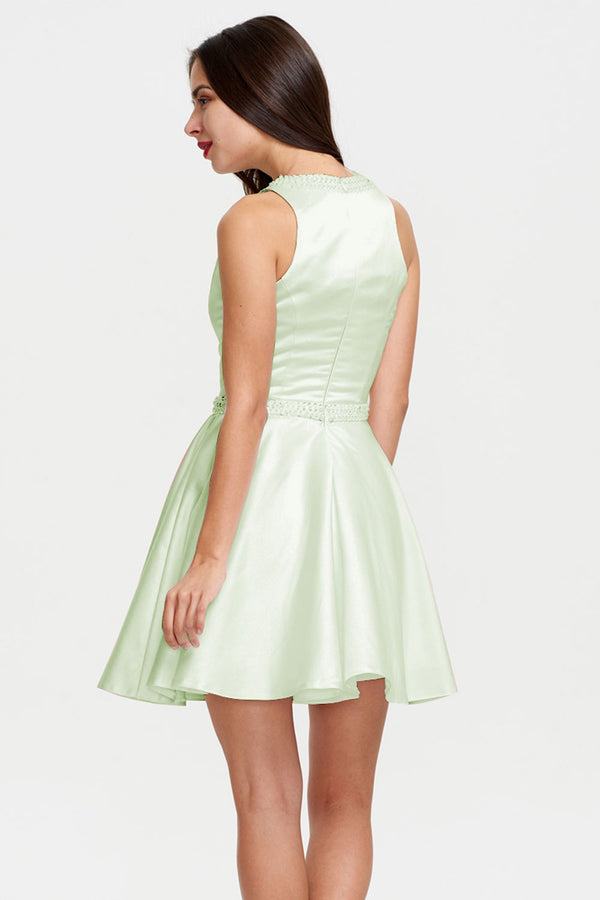Green High-Neck Satin A-Line Short Homecoming Dress