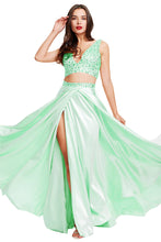 A-Line V-Neck Sleeveless Two Piece Slit Satin Long Prom Dresses
