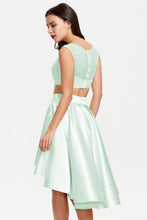 Scoop Neck Lace Appliques Two Piece High Low Satin Homecoming Dress