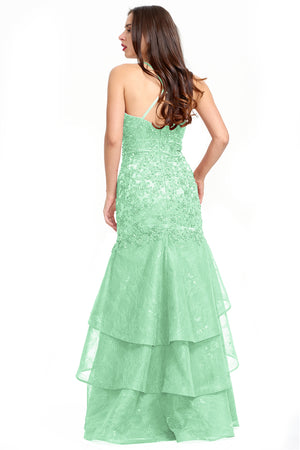 Green Lace-Applique Tulle Mermaid Prom Dress with Tiered Ruffles