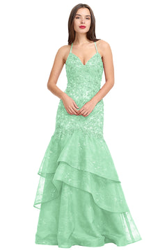Green Lace-Applique Tulle Mermaid Prom Dress with Tiered Ruffles