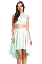 Scoop Neck Lace Appliques Two Piece High Low Satin Homecoming Dress