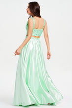 A-Line V-Neck Sleeveless Two Piece Slit Satin Long Prom Dresses