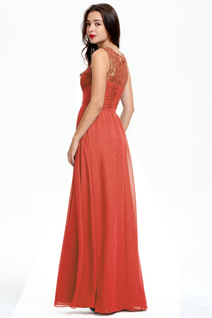 Rust Ruched Lace and Chiffon A-Line Bridesmaid Dress