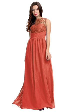 Rust Ruched Lace and Chiffon A-Line Bridesmaid Dress