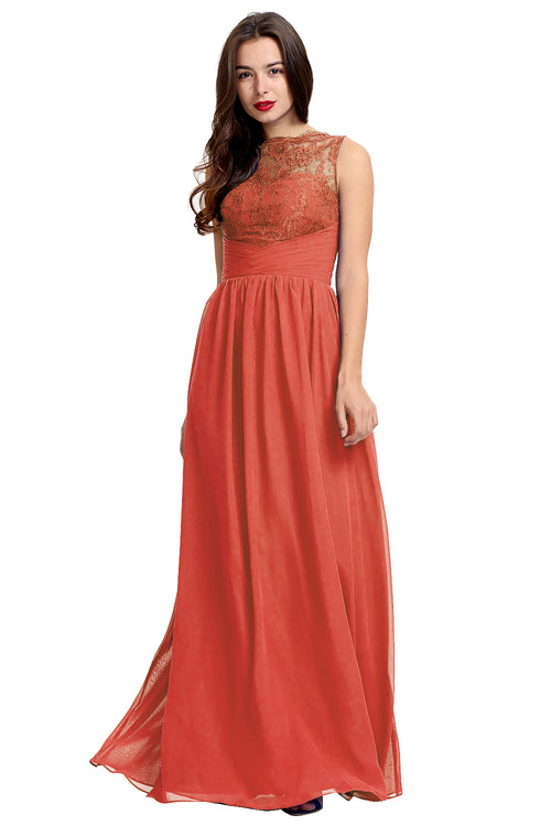 Rust Ruched Lace and Chiffon A-Line Bridesmaid Dress