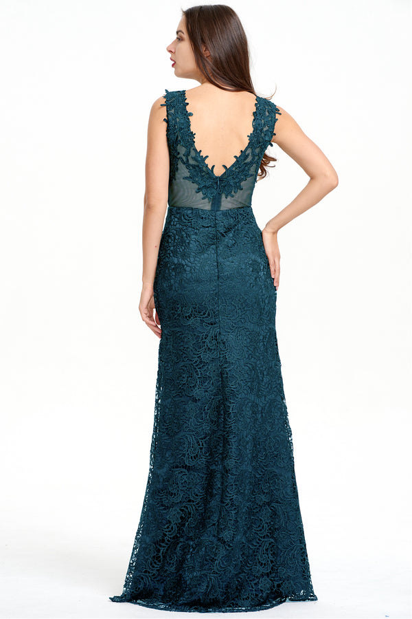 Peacock Lace Sheath Evening Gown with Illusion Neckline and Low Back