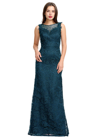 Peacock Lace Sheath Evening Gown with Illusion Neckline and Low Back