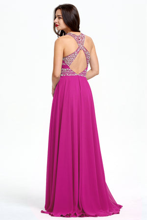 Fuchsia Cutout-Back Beaded Halter Chiffon A-Line Evening Dress