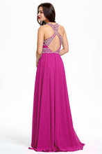 A-Line Scoop Neckline Hand-beaded Floor Length Chiffon Prom Dresses