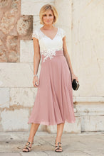 A-line V-neck Cap Sleeves Tea-length Chiffon Lace Mother of the Bride Dresses