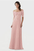 Dusty Rose Off-the-Shoulder Lace and Chiffon Mother of the Bride Gown