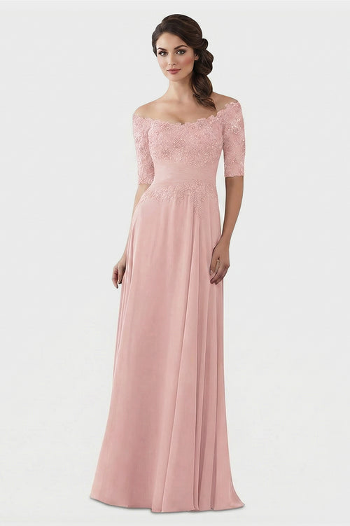 Dusty Rose Off-the-Shoulder Lace and Chiffon Mother of the Bride Gown