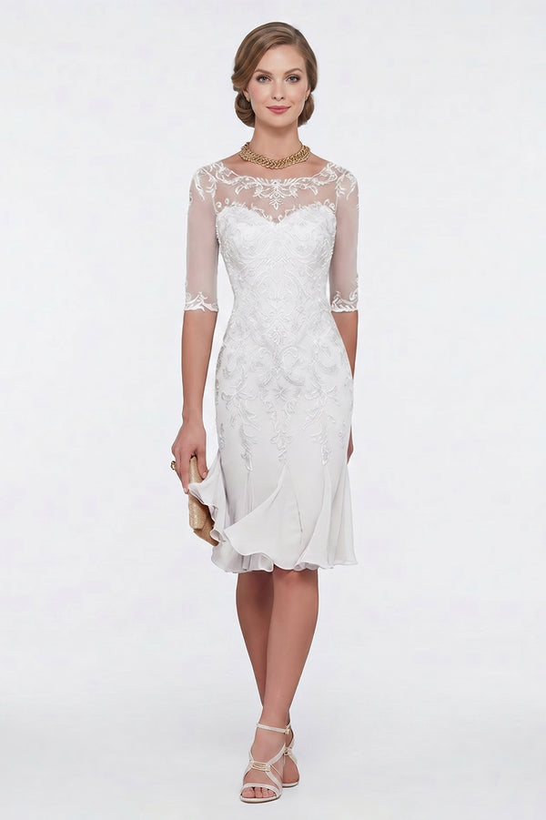 Half-Sleeve Lace Sheath Mother of the Bride Dress with Chiffon Ruffle Hem