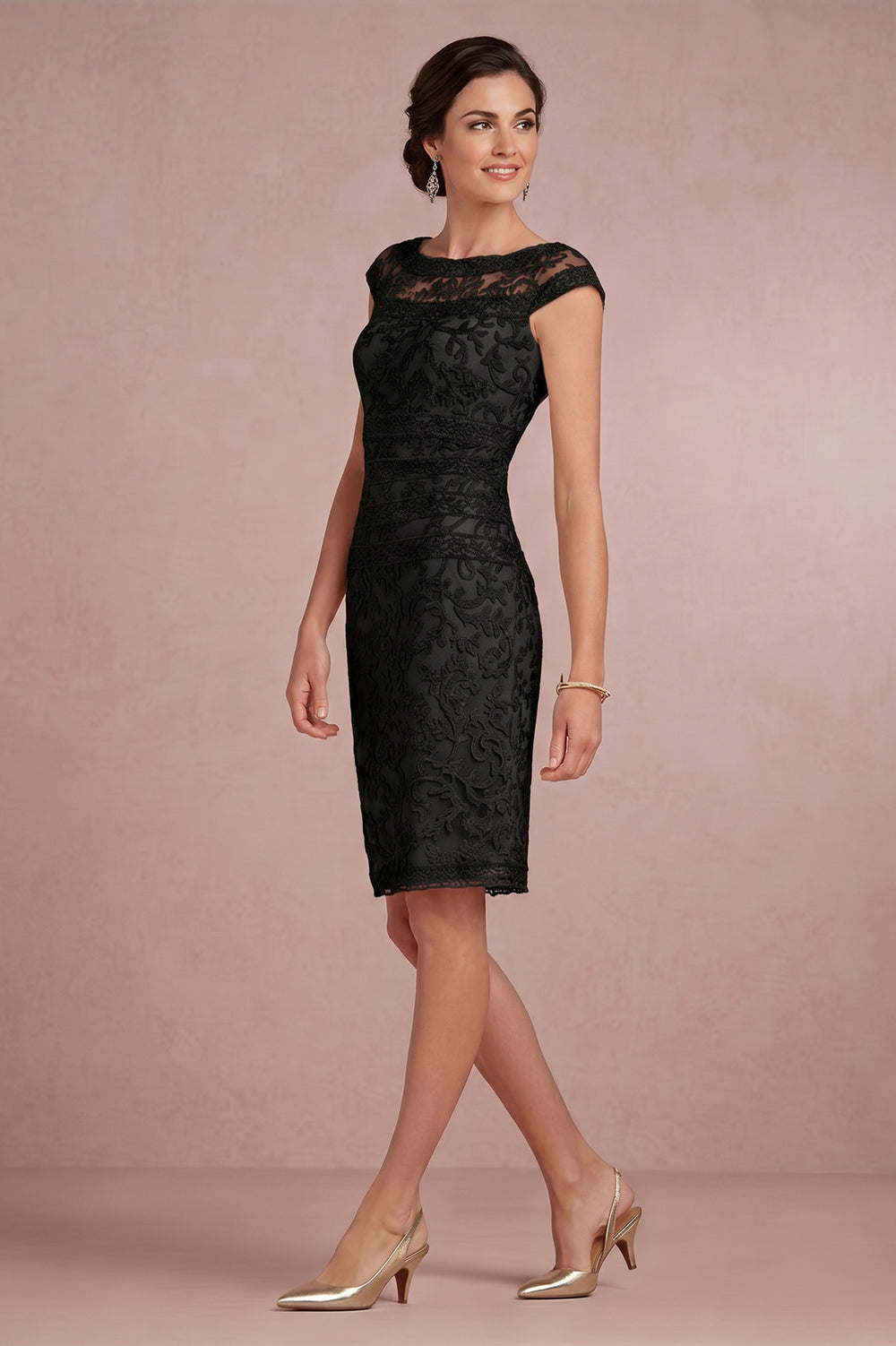 Black Cap-Sleeve Illusion-Neck Lace Sheath Mother of the Bride Dress