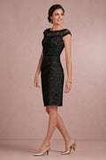 Black Cap-Sleeve Illusion-Neck Lace Sheath Mother of the Bride Dress
