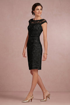 Black Cap-Sleeve Illusion-Neck Lace Sheath Mother of the Bride Dress