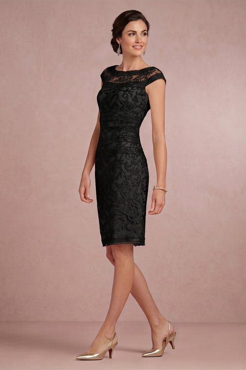 Black Cap-Sleeve Illusion-Neck Lace Sheath Mother of the Bride Dress
