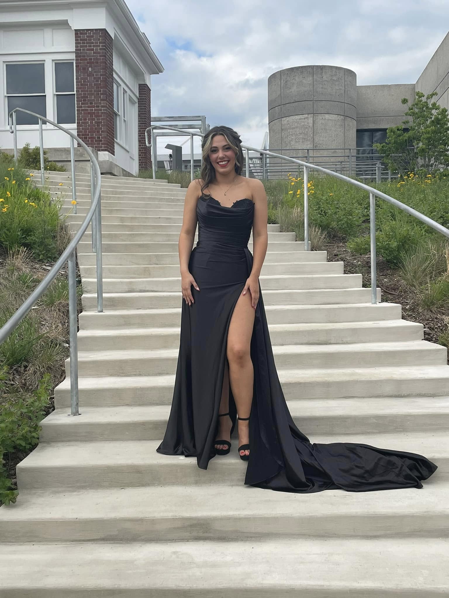 Mermaid Pleats Strapless Black Long Satin Prom Dresses with Slit