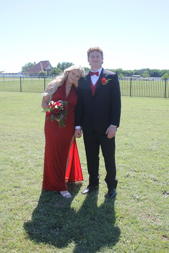 V-Neck Slim-fit Slit Satin Red Prom Dress