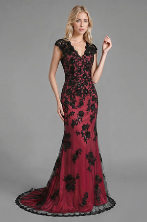 Black-Burgundy Cap-Sleeve Lace and Tulle Mermaid Evening Dress
