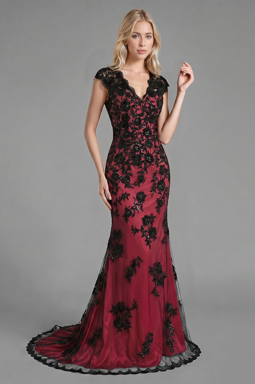 Black-Burgundy Cap-Sleeve Lace and Tulle Mermaid Evening Dress