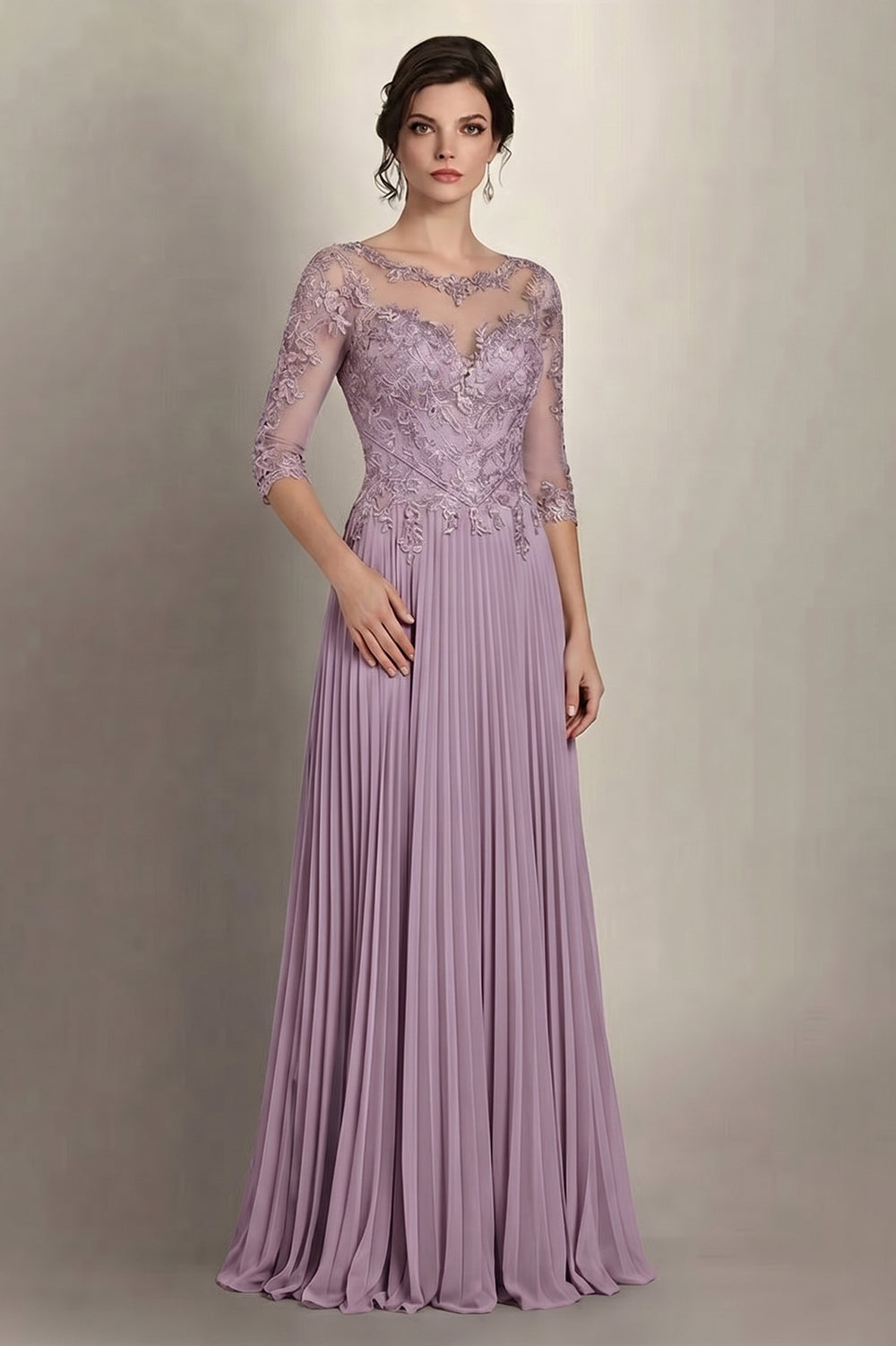 3/4-Sleeve Lace and Pleated Chiffon Mother of the Bride Gown