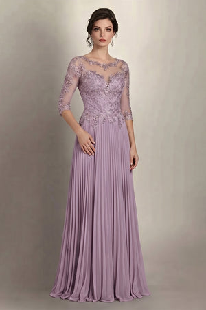 Wisteria 3/4-Sleeve Lace and Pleated Chiffon Mother of the Bride Gown