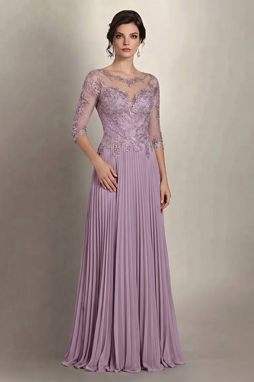 Wisteria 3/4-Sleeve Lace and Pleated Chiffon Mother of the Bride Gown