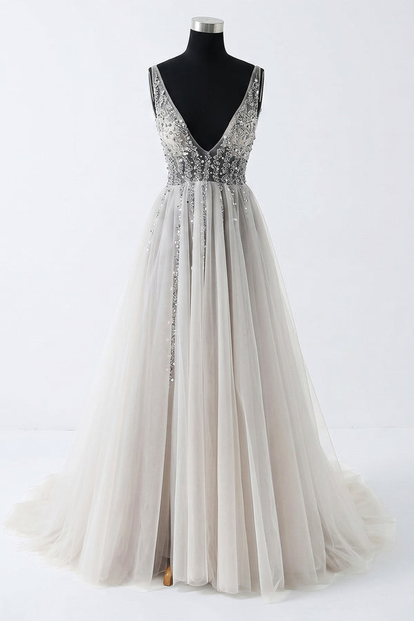 Sky Blue Sequin and Tulle A-Line Prom Dress with V-Back and High Slit