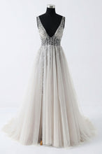 V-Neck Sequined Bodice Tulle Prom Dresses with Slit