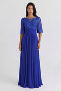 Royal Blue Bell-Sleeve Chiffon Mother of the Bride Dress with Lace Bodice