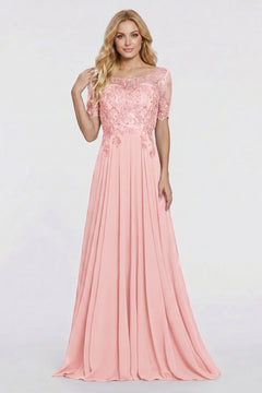 Pearl Pink Illusion-Sleeve Lace and Chiffon A-Line Mother of the Bride Gown