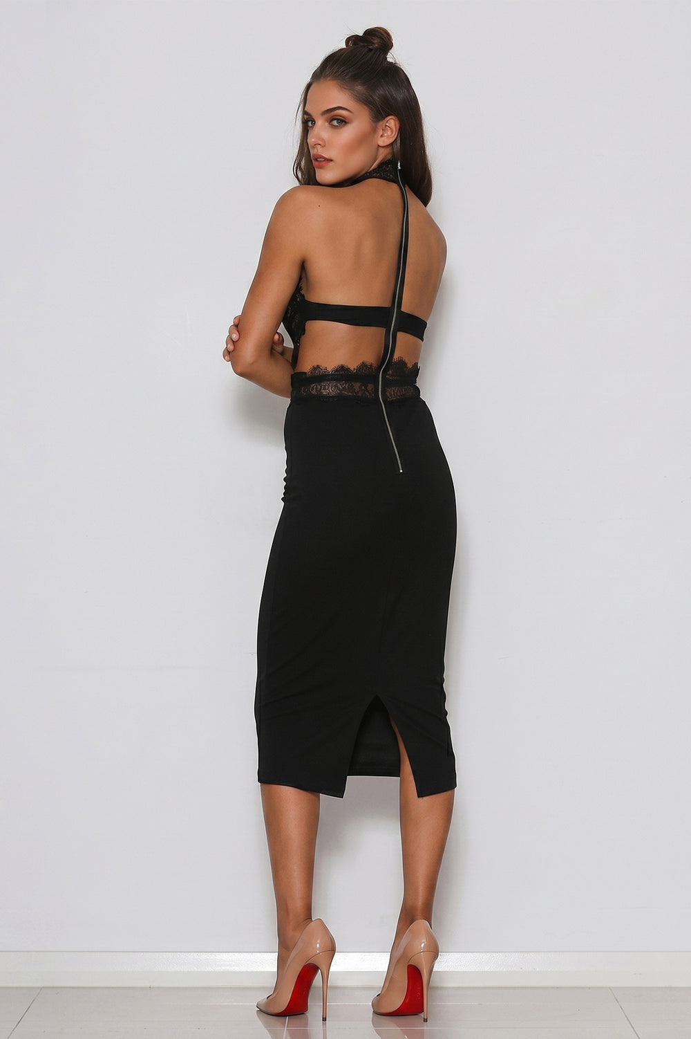 Illusion-Back Halter Lace and Matte Satin Sheath Cocktail Dress
