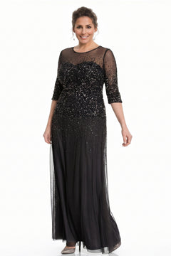 Black Half-Sleeve Sequin and Tulle Column Mother of the Bride Gown