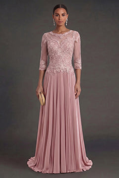 Dusty Rose Half-Sleeve Lace and Pleated Chiffon Mother of the Bride Dress