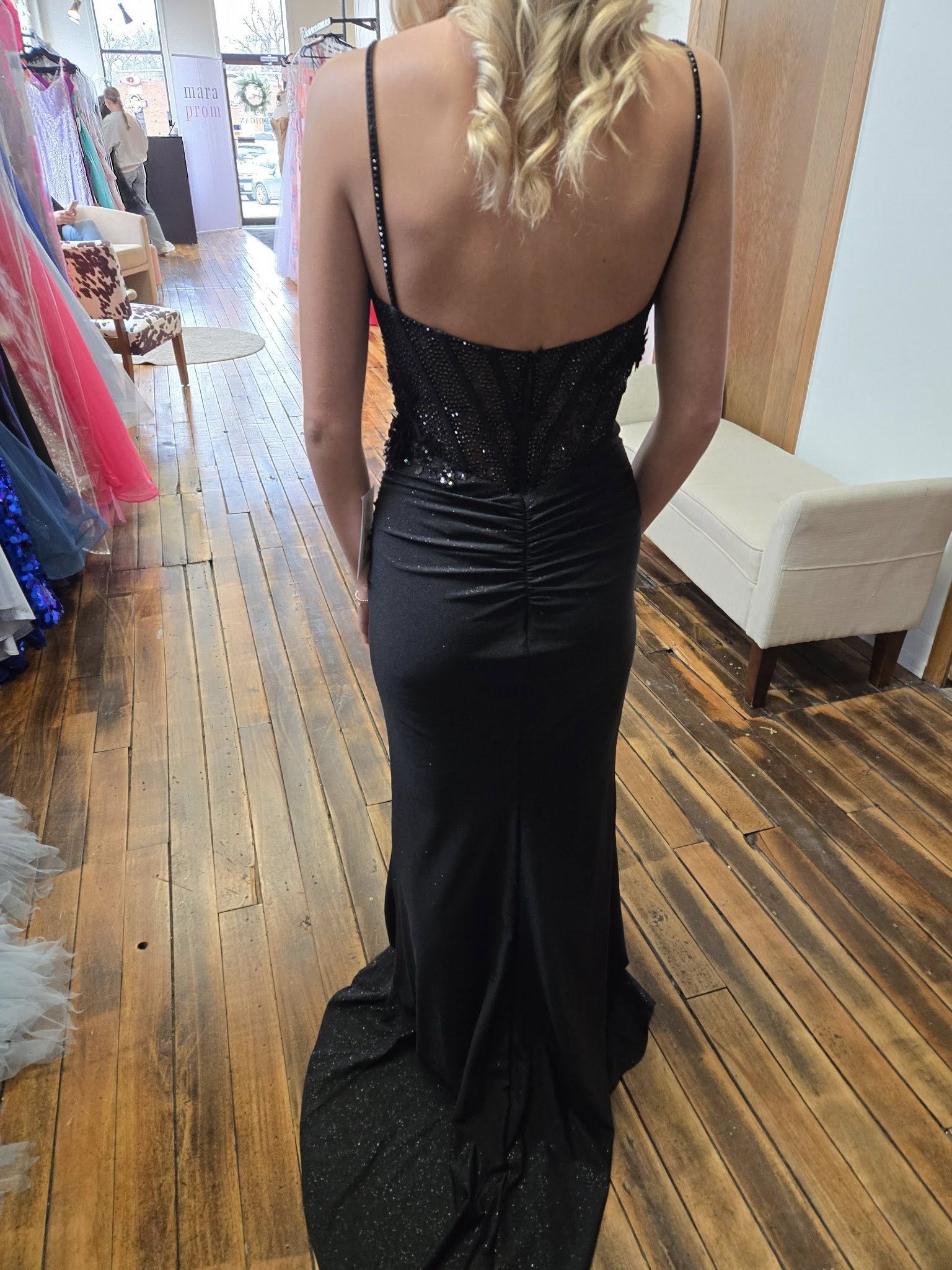Thin Shoulder Strap Slit Black Satin Prom Dress