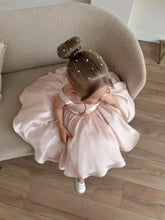 Cute Square Neck A Line Satin Pink Flower Girl Dresses with Bows