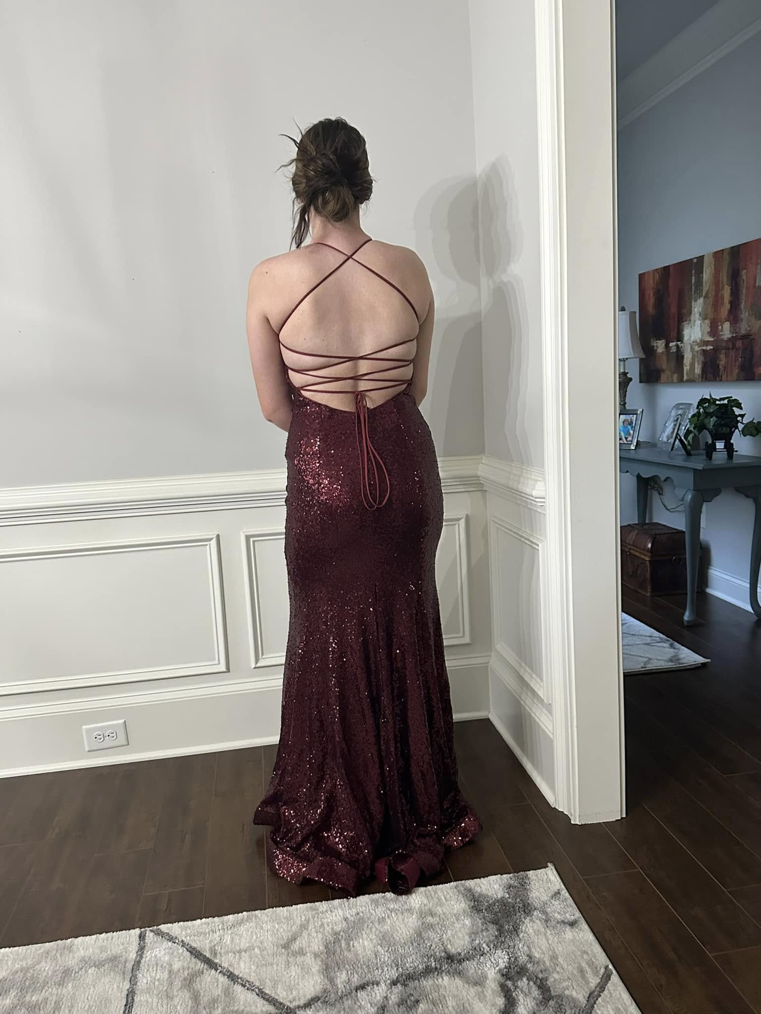 Chic V-Neck Spaghetti Straps Sequins Long Burgundy Prom/Evening Dresses