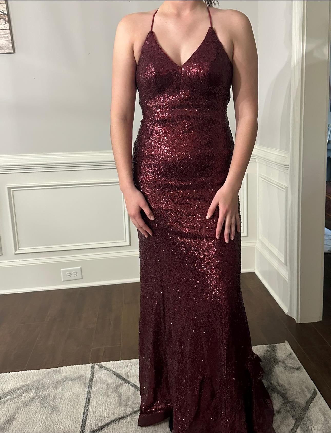 Chic V-Neck Spaghetti Straps Sequins Long Burgundy Prom/Evening Dresses