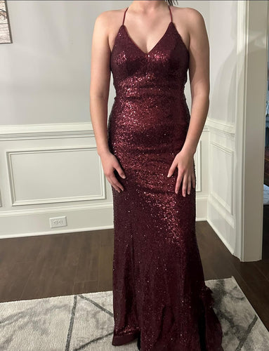 Chic V-Neck Spaghetti Straps Sequins Long Burgundy Prom/Evening Dresses