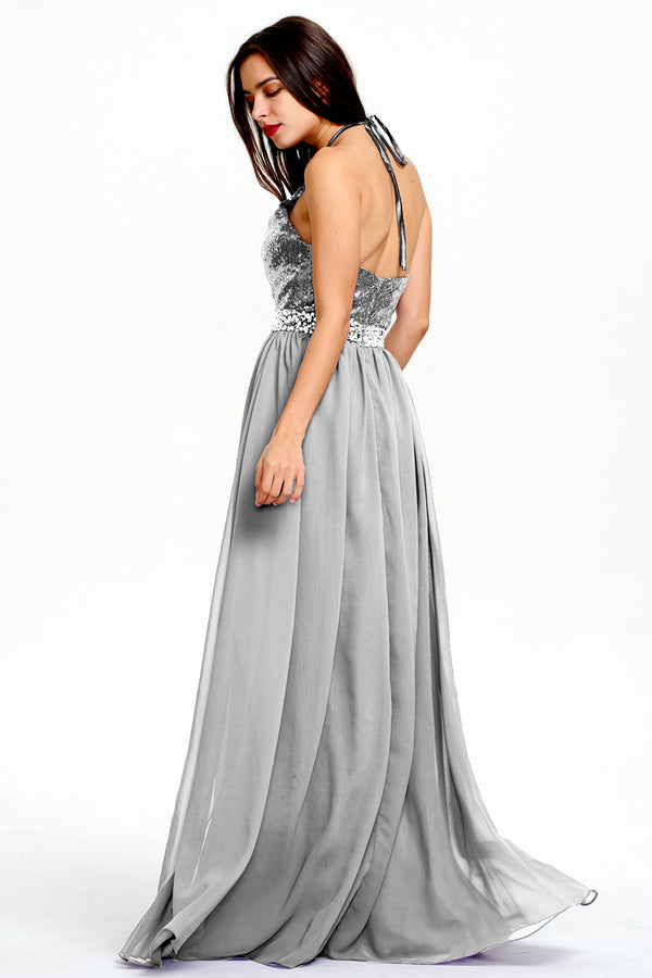Silver Open-Back Sequin and Chiffon Halter A-Line Prom Dress
