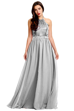 Silver Open-Back Sequin and Chiffon Halter A-Line Prom Dress