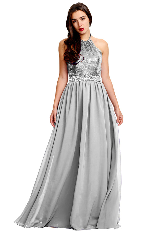 Silver Open-Back Sequin and Chiffon Halter A-Line Prom Dress