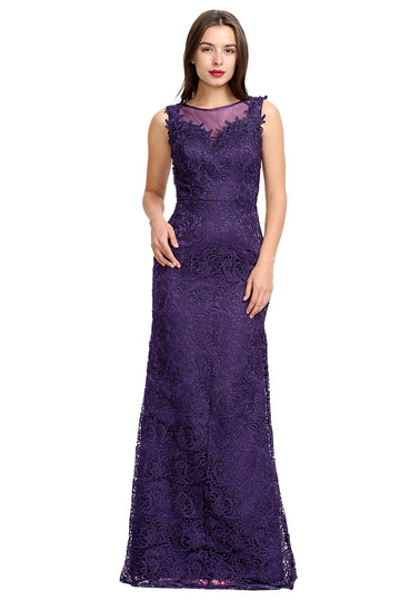 Amethyst Lace Sheath Evening Gown with Illusion Neckline and Low Back
