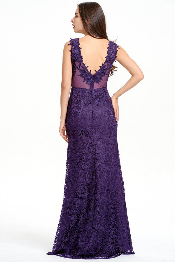 Amethyst Lace Sheath Evening Gown with Illusion Neckline and Low Back