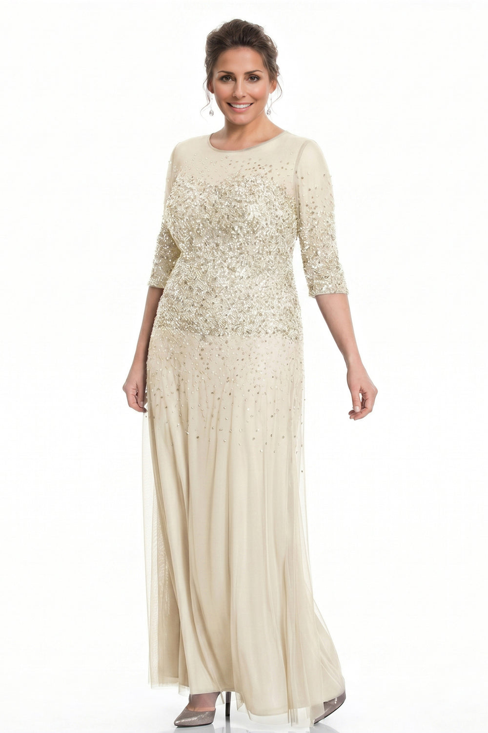 Half-Sleeve Sequin and Tulle Column Mother of the Bride Gown