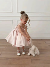 Cute Square Neck A Line Satin Pink Flower Girl Dresses with Bows