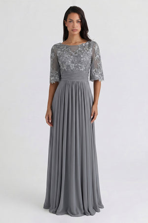 Bell-Sleeve Chiffon Mother of the Bride Dress with Lace Bodice